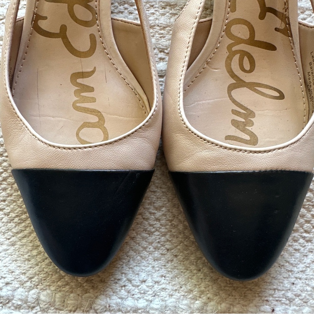 SAM EDELMAN cream and black color block leather slingback Leah block heels 7 - Picture 3 of 9